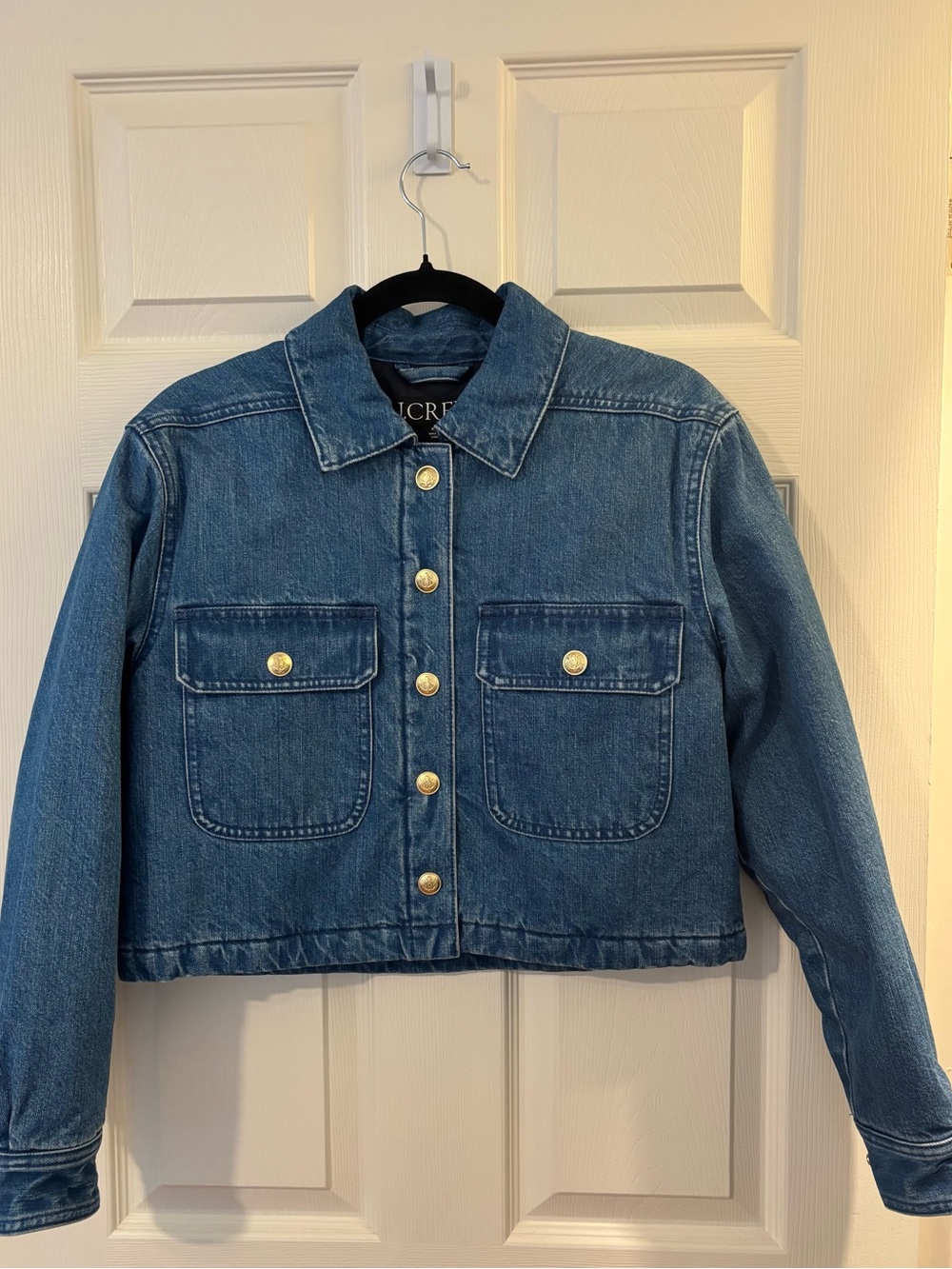 J. Crew Cropped Jean Jacket in Medium Blue with Gold Buttons